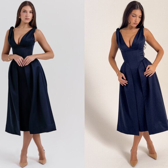 HOUSE OF CB 'Paloma' Midnight Twist Strap Satin Midi Dress NWOT